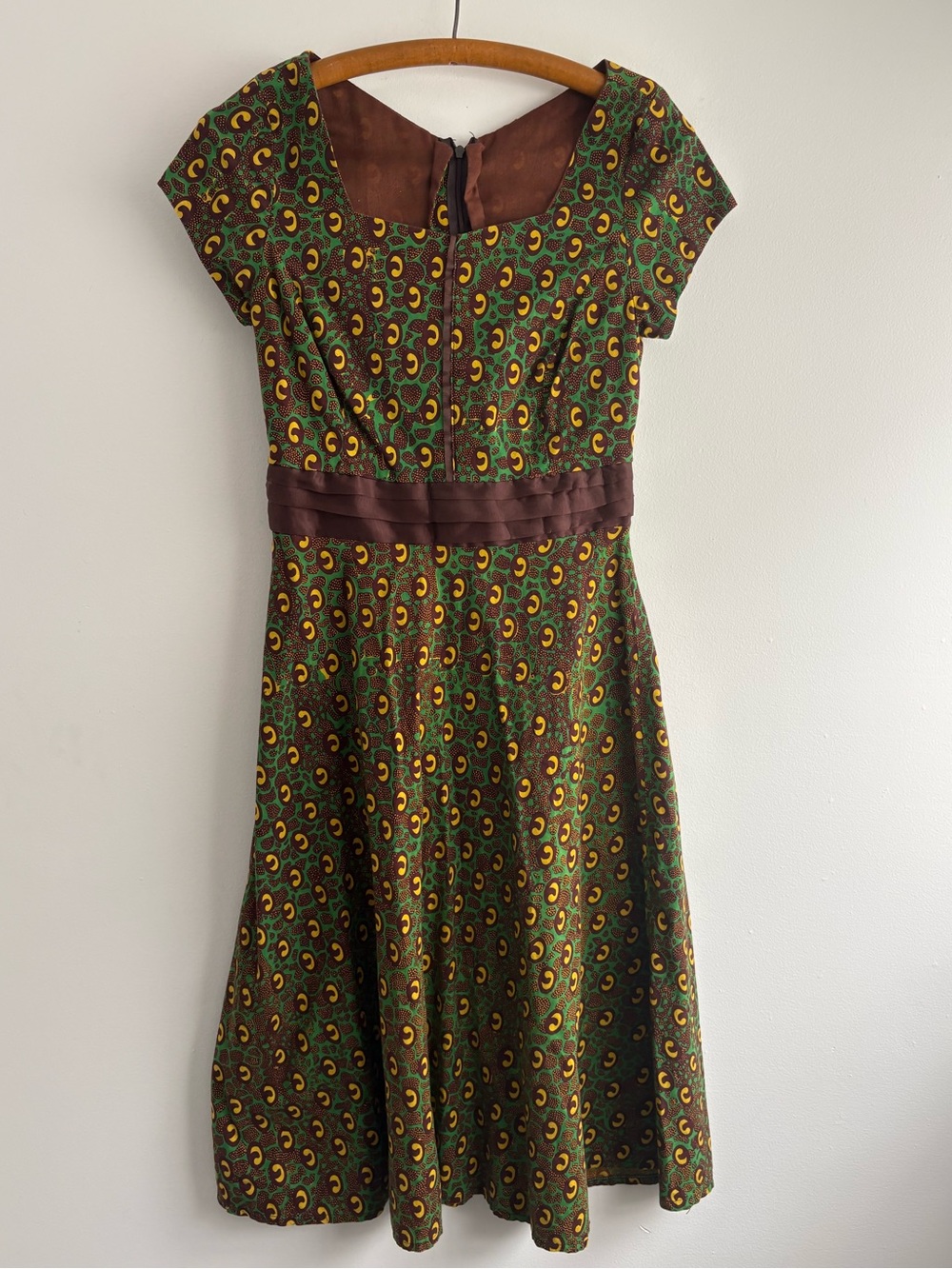 African wax print fit-and-flare dress in green, brown, and yellow - sz S
